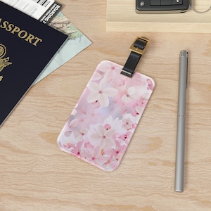 Étiquette à bagage personnalisée - étiquette à bagage en acrylique avec lanière en cuir - carte de visite amovible, indispensable du voyage, fleurs de cerisier roses sakura