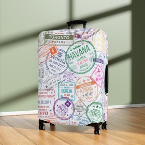 荷物カバー - パスポートトラベルスタンプ 2.0 ホワイト | カスタムプリント荷物カバー | スーツケースと荷物プロテクター | 機内持ち込み | 旅行ギフト