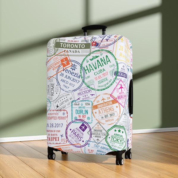 Luggage Cover - Passport Travel Stamps 2.0 White | Custom Print Luggage Covers | Suitcase and Baggage Protectors | Carry-On | Travel Gift