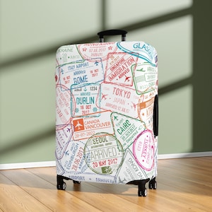 ホワイトパスポートトラベルスタンプ - 荷物カバー - 旅行用荷物保護 - スーツケースカバー - 旅行用アクセサリー + ギフト、ポリエステル/スパンデックス