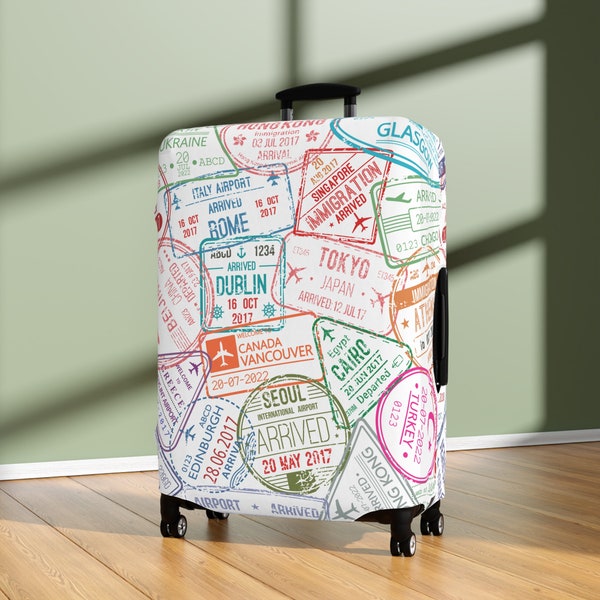 Luggage Cover - Suitcase & Baggage Protection - Washable Spandex Polyester Fabric - Travel Essential and Gifts - White Passport Stamp 3.0