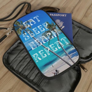 Cartera para pasaporte - Cartera de viaje ligera - Soporte para documentos de viaje con correa para hombro + cintura - Organizador de viaje superior - Vacaciones en la playa