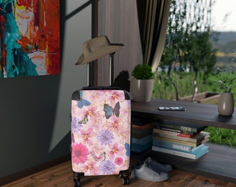 Carry-On Luggage with Wheels + Lock- TSA-Approved Suitcase - Hard-Case Luggage, Rolling Carry-On Travel Bag, Pink Floral Butterflies