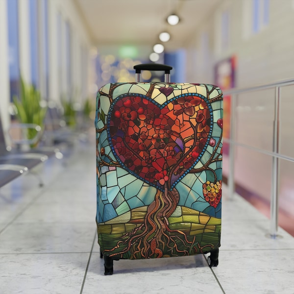 Luggage Cover - Suitcase & Baggage Protection - Washable Spandex Polyester Fabric - Travel Essential and Gifts - Stained Glass Red Heart