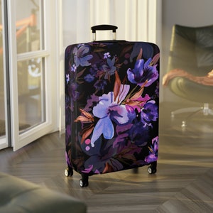 荷物カバー - ダークパープルの花の水彩画 | カスタムプリントの荷物カバー | スーツケースと荷物のプロテクター | 機内持ち込み | 旅行ギフト
