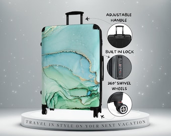 Blauwgroene marmeren koffer - abstracte reiskoffer, esthetische handbagage, luxe hardshell-spinner, uniek reistascadeau