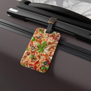 Étiquette à bagage Margarita Pizza - Étiquette à bagage en acrylique personnalisée + lanière en cuir - Carte de visite amovible - Essentiel de voyage, Cadeaux de voyage