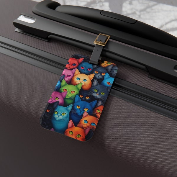 Travel Luggage Tag - Personalized Acrylic Luggage Tag + Leather Strap - Removable Address Card - Travel Essentials - Colorful Neon Cats