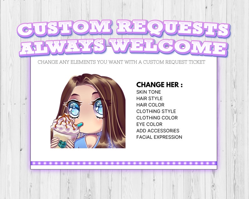 Bundle of 5 : BASiCS B Twitch Emote Pack Kawaii Twitch Emotes Chibi GiRL BROWN HAiR . blue eyes