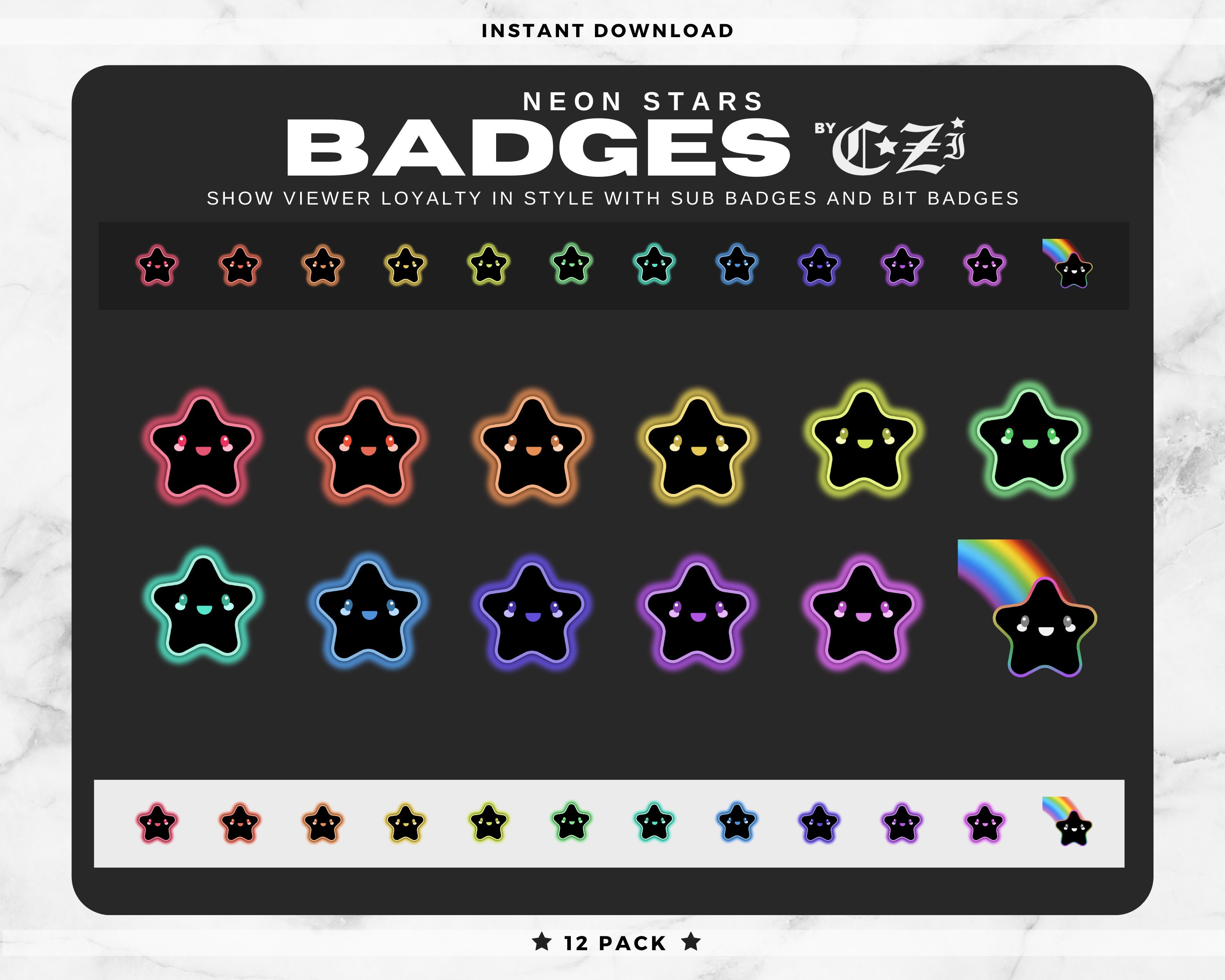 Twitch Bit Badges Sub Badges Neon Stars 12 Pack Etsy