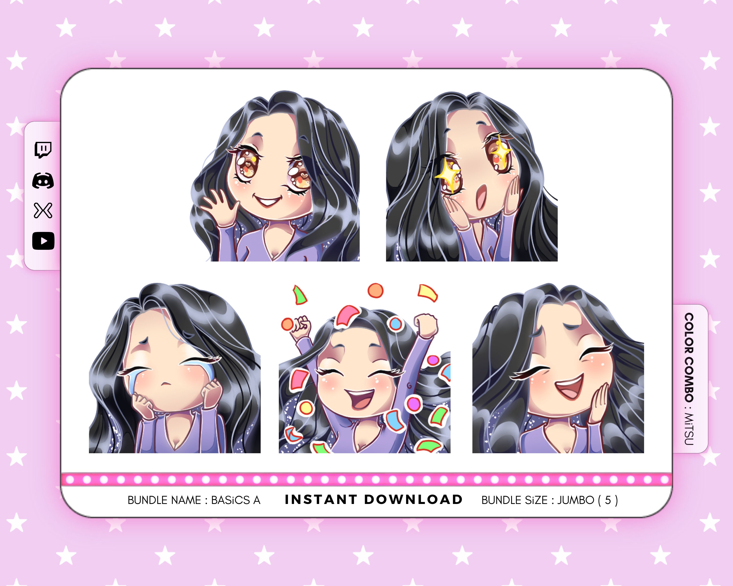 Twitch Emotes Chibi GiRL BLACK HAiR . brown eyes . Bundle | Etsy