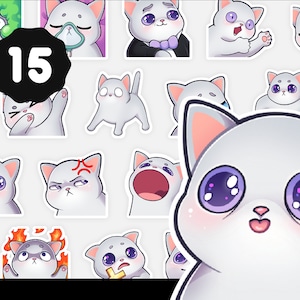 cute emote pack  CAT MEMES ( iVAN : white fur . purple eyes )  kawaii . emoji . for streamers