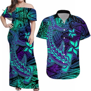 Tenues de couple polynésiennes personnalisées robe et chemise hawaïenne paradis pourpre requin marteau tribal hawaïen LT image 4