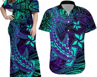 Custom Polynesian Couple Outfits Dress And Hawaiian Shirt Purple Paradise Hawaiian Tribal Hammerhead Shark LT