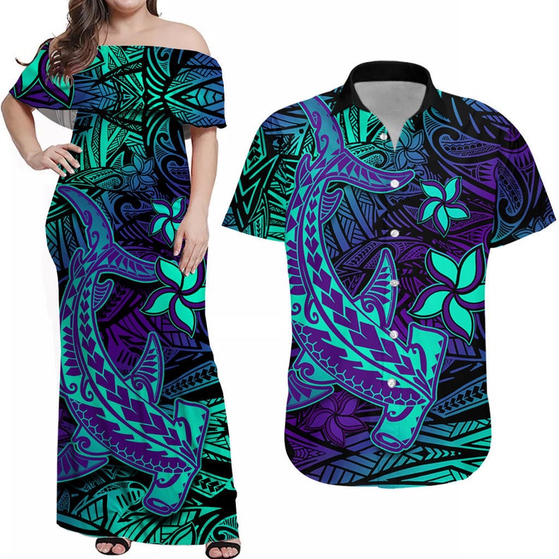 Tenues de couple polynésiennes personnalisées robe et chemise hawaïenne paradis pourpre requin marteau tribal hawaïen LT image 4