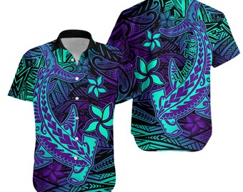 Custom Polynesian Couple Outfits Dress And Hawaiian Shirt Purple Paradise Hawaiian Tribal Hammerhead Shark LT