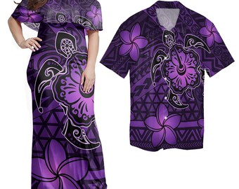 Hawaii Matching Dress and Hawaiian Shirt Hawaii Mix Polynesian Turtle Plumeria Nick Style Purple Matching Couples Outfit 7326257152171