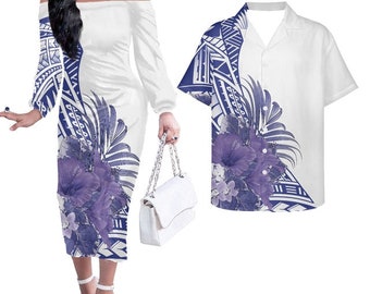 Hibiscus Hawaii Tropical Flowers Matching Hawaiian Outfits For Couple Combo Long Sleeve Dress And Hawaiian Shirt