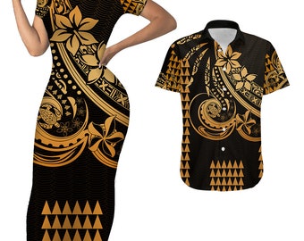 Ensemble robe moulante et chemise hawaïenne Kakau pour couples polynésiens hawaïens, dorés