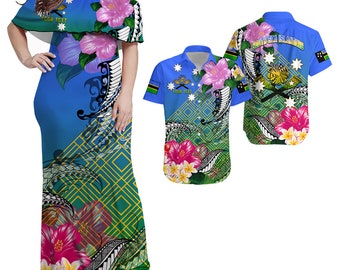 Custom South Sea Islanders Kanakas Hibiscus Polynesian Matching Dress and Hawaiian Shirt LT