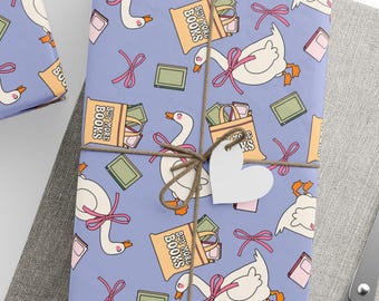 Reading goose Book themed Wrapping Paper Book Lover Book Club Gift Wrap, Bookish Birthday Retro Wraps custom Sheets Set, Craft Supplies