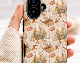 Cozy Autumn Reading Goose iPhone Tough Case, Whimsical Watercolor Bookish Fall Book Lover Design, Literary Bookworm Phone Cover