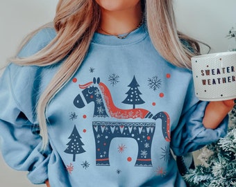 Scandinavian sweater, Vintage Nordic Christmas fjord Dala horse sweatshirt, Norwegian folk art, Norwegian Sweedish Christmas Hygge gift