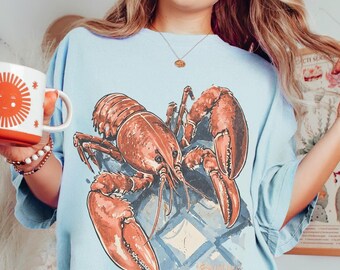 Lobster shirt Fisherman Aesthetic Comfort Colors tee Maine New England Seafood foodie gift, Italian coastal beach vibes ocean inspired style