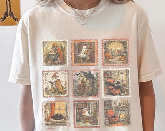 Halloween Spooky Shirt with Vintage Bookish Stamps, Retro Reading Lover Tee, Cozy Autumn Book Shirt, Librarian Comfort Colors 1717 T-Shirt