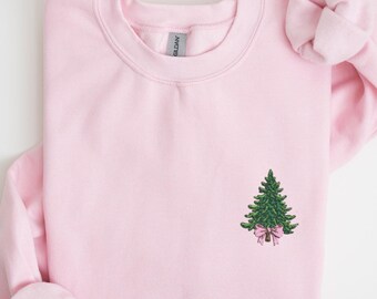Christmas tree Coquette EMBROIDERY Crewneck Sweatshirt, Christmas Coquette Pink christmas Cozy season Christmas mini embroidery designs gift
