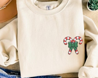 Christmas candy cane EMBROIDERY Crewneck Sweatshirt, Christmas Coquette Pink christmas Cozy season mini embroidered designs gift