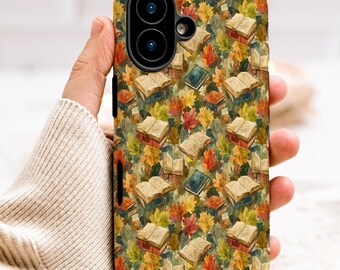 Bookish Fall Leaves iPhone Tough Case, Watercolor Autumn Foliage phone case Design, Romantasy Literary Bookworm Cozy Bookshop Reading Cover