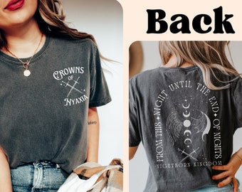 The Serpent and The Wings of Night shirt Fron and Back Crowns of Nyaxia Comfort Colors® tee, Carissa Broadbent Officially Licensed merch