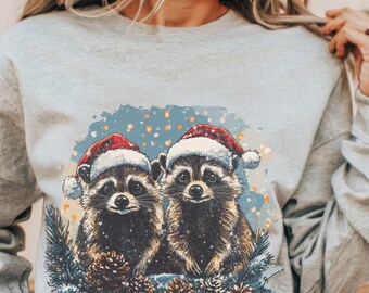 Raccoon Christmas sweatshirt women Retro Vintage Feral raccoon sweater crewneck, Cute racoon secret santa shirt holiday gift