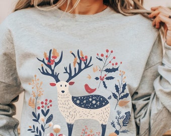 Scandinavian sweater, Vintage Nordic Christmas reindeer sweatshirt, Norwegian folk art, Norwegian Christmas gift Hygge Scandi Xmas crewneck