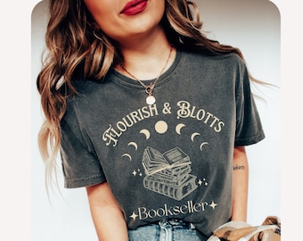 Flourish Blotts Comfort Colors shirt, Magic Wizard Vintage tee, Witchcraft School tshirt,  Herbology bookish book worm nerd Fandom gift