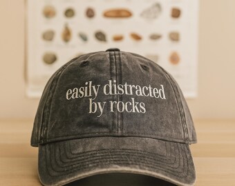 Easily Distracted By Rocks Vintage Hat Funny Geology Lover Gift Rockhound Trucker Cap Mineral Collector Embroidered Hat Nature Rock Fan Cap