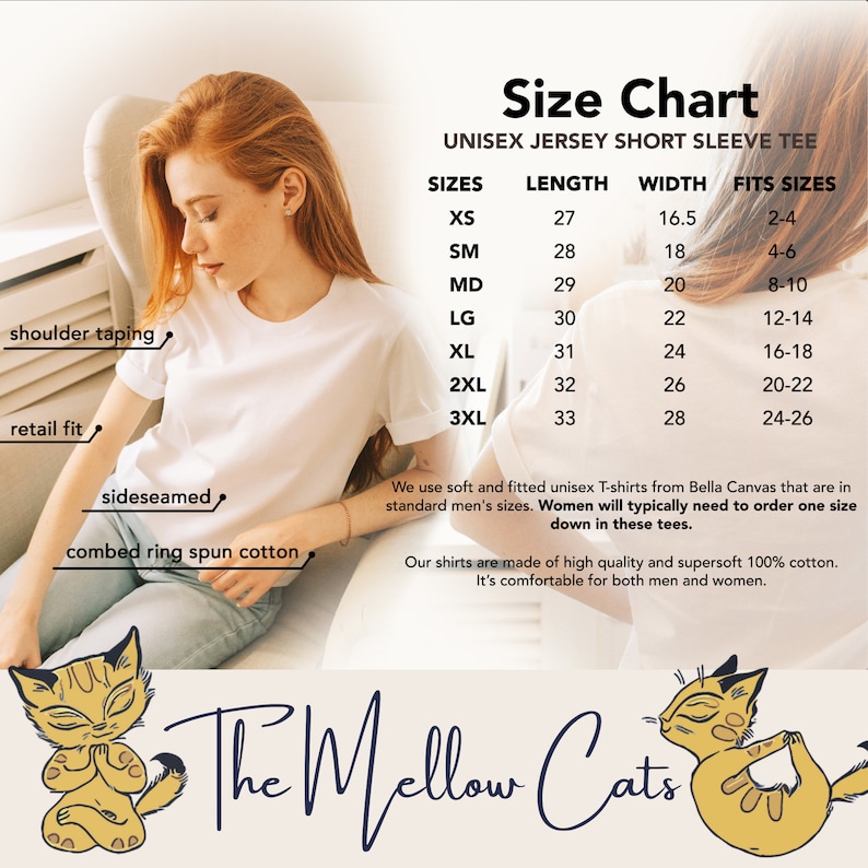 Puede incluir: Tabla de tallas para camisetas de manga corta de jersey unisex. La tabla muestra las tallas XS a 3XL con las longitudes, anchuras y tallas de ajuste recomendadas correspondientes en pulgadas. El texto indica que las camisetas est&aacute;n hechas de algod&oacute;n 100% supersuave de alta calidad y son c&oacute;modas tanto para hombres como para mujeres.