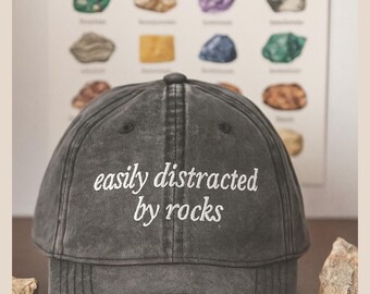 Easily Distracted By Rocks Vintage Hat Funny Geology Lover Gift Rockhound Trucker Cap Mineral Collector Embroidered Hat Nature Rock Fan Cap