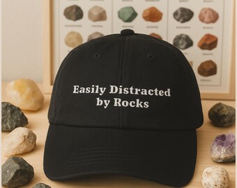 Easily Distracted By Rocks Denim Hat Funny Geology Lover Gift Rockhound Trucker Cap Mineral Collector Embroidered Hat Nature Rock Fan Cap