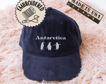 Gorra de pana bordada estilo Antártida, regalo de viaje, ajustable, desestructurada, estilo minimalista para clima frío, sombrero de explorador natural.