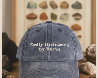 Easily Distracted By Rocks Vintage Hat Funny Geology Lover Gift Rockhound Trucker Cap Mineral Collector Embroidered Hat Nature Rock Fan Cap