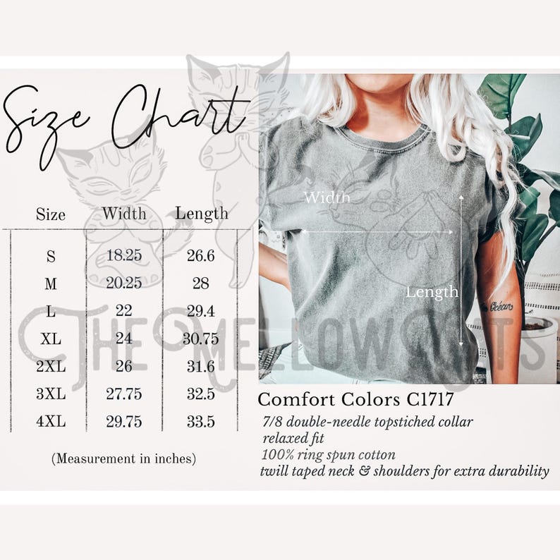 May include: Size chart for a t-shirt with measurements in inches for width and length. The chart shows sizes S through 4XL. The t-shirt is described as having a 7/8 double-needle topstitched collar, a relaxed fit, and is made of 100% ring spun cotton. The neck and shoulders are twill taped for extra durability. Comfort Colors C1717.