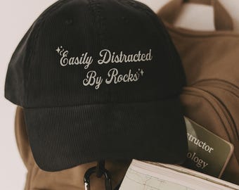 Easily Distracted By Rocks Vintage Hat Funny Geology Lover Gift Rockhound Trucker Cap Mineral Collector Embroidered Hat Nature Rock Fan Cap