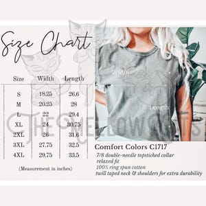 Puede incluir: Tabla de tallas para una camiseta con medidas en pulgadas para el ancho y la longitud. La tabla muestra las tallas S a 4XL. La camiseta se describe como con un cuello de doble aguja 7/8, un ajuste relajado y est&aacute; hecha de 100% algod&oacute;n hilado en anillo. El cuello y los hombros est&aacute;n reforzados con cinta de sarga para mayor durabilidad. Comfort Colors C1717.