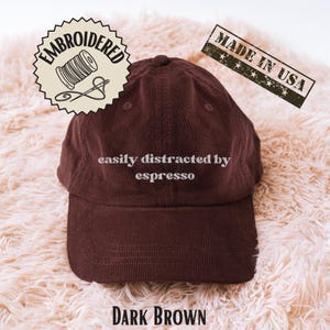 Easily Distracted By Espresso Hat, Funny Espresso Lover Cap, Caffeine Gift for Coffee Snobs, Baristas, Latte Art Fans, Cafe Regulars