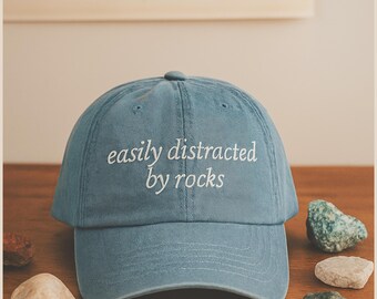 Easily Distracted By Rocks Denim Hat Funny Geology Lover Gift Rockhound Trucker Cap Mineral Collector Embroidered Hat Nature Rock Fan Cap