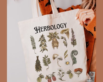 Herbology Cotton Canvas Tote Bag, Magic Wizard School Plants tote, Botanical Herbology bookish book worm nerd gift, Cottagecore Fantasy tote