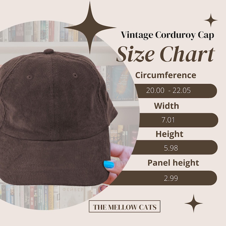Peut inclure: Casquette en velours c&ocirc;tel&eacute; marron avec le texte "Vintage Corduroy Cap" et un tableau des tailles. La circonf&eacute;rence est de 50,80 - 56,01 cm, la largeur est de 17,81 cm, la hauteur est de 15,19 cm et la hauteur du panneau est de 7,59 cm. La marque "THE MELLOW CATS" est &eacute;galement visible.