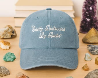 Easily Distracted By Rocks Denim Hat Funny Geology Lover Gift Rockhound Trucker Cap Mineral Collector Embroidered Hat Nature Rock Fan Cap